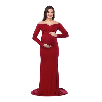 Rudenį Motinystės Elegantiškai Įrengti Suknelė nėščioms fotosesiją drabužius ilgomis Rankovėmis V-Kaklo Ruched Slim Fit Maxi nėščia ilga suknelė D20