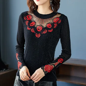 Rudenį Naujų moterims topai Mados atsitiktinis ilgomis rankovėmis Akių siuvinėti moterų marškinėliai Elegantiškas plonas Kratinys 5XL moterų tshirts