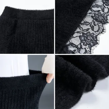Rudenį, žiemą elastinga aukštos juosmens nėrinių kratinys vidutinio ilgio sijonas, Šiltas grakštus geros kokybės juodas Imitavo mink mezgimo sijonas