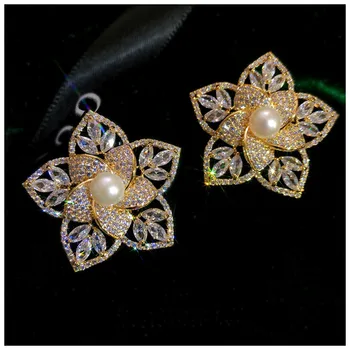 Sages Moterims S925 Natūralių Gėlavandenių Perlų Tuščiaviduriai Kubinis Cirkonis Gėlių Pin Temperamentas Sagė Corsage Fine Jewelry