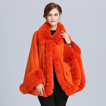 SC367 2019 Žiemą Šiltas, Didelis Kailių Kaklo Rožinės spalvos Apsiaustu Moterų Pūkuotas Megztinis Dirbtiniais Fox Fur Žaliojo Megzti Poncho Su Kailio Batwing Rankovėmis