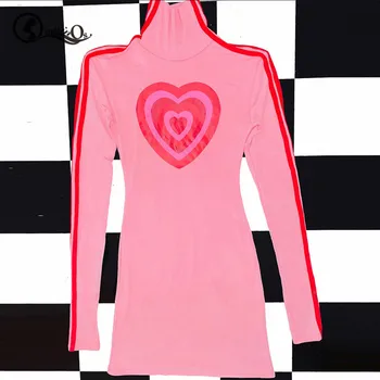 Seksualus Harajuku Golfo Suknelė Moterų Klubo Prašmatnus Rudens Mados Atsitiktinis Širdies Spausdinti Suknelės Aukšto Juosmens Ilgomis Rankovėmis Suknelė