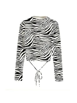 Seksualus Zebras Spausdinti Pasėlių Viršuje Moterys Ilgomis Rankovėmis Juoktis Kaklo Marškinėliai Atvira Nugara Gotikos Viršūnes Gyvatė, Leopardas Spausdinti Marškinėliai, Backless