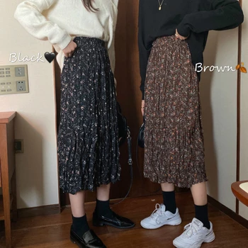 Senovinių Gėlių Spausdinti Pynimas Šifono Plisuotos Ilgi Sijonai Moterims Korėjos Sijonas Streetwear Elastinga Raišteliu Juosmens Midi Sijonas