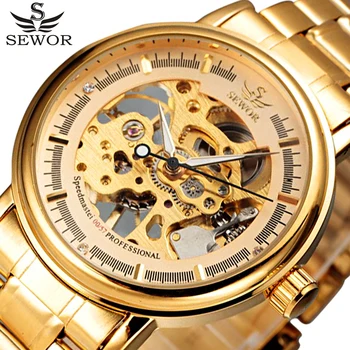 SEWOR Visą Nerūdijančio Plieno Aukso laikrodis Vyrai Dizaineris Vyrai Laikrodžiai Top Brand Prabanga Skeletas Mechaninis laikrodis Laikrodis Vyrų Relogio