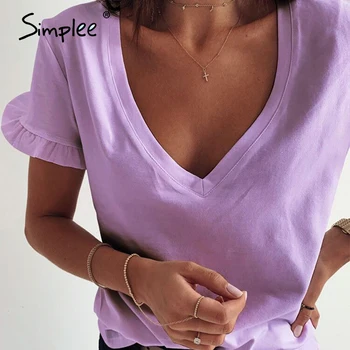 Simplee Atsitiktinis v-kaklo, pynimas moterų marškinėliai Vasaros paprasta vientisos spalvos vidutinio ilgio viršų moteriška viršūnes Trumpas rankovės ponios viršūnės