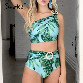 Simplee Palikti spausdinti maudymosi kostiumėlį moteris Derliaus aukšto juosmens bikini 2020 Vieną petį maudymosi kostiumėliai moterims Vasaros biquinis Maudymosi kostiumas