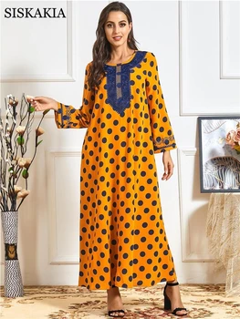 Siskakia Elegantiškos Nėrinių Siuvinėjimo Polka Dot Maxi Suknelė Moterims Rudenį 2020 Prarasti Plius Dydis-ilgomis Rankovėmis arabų Musulmonų Turkija Drabužiai