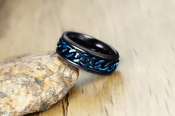 SIZZZ Titano Plieno Mėlyna Grandinės Žiedas su Besisukančiais Juodos Spalvos Žiedas Vyrams Dydis 7-13