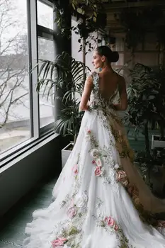 Sodas 3D Gėlių Lapų Nėrinių Vestuvių Suknelės 2021 Kuklus Backless-line Ilgu Tiulio Nuotakos Suknelės Backless Gėlių Šalis Suknelė