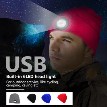 Sportas Veikia 6 LED Trikotažo Beanie Skrybėlių Įkrovimo Bžūp Šviesos Kempingas, Alpinizmas Lempos Vyrams, Moterims, Žiemą Šilta