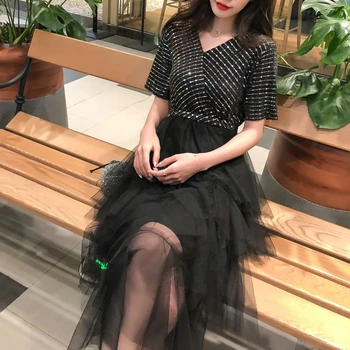 Suknelė Moterims Už Šalies Ponios Derliaus Elegantiškas China Juoda Suknelė 2020 M. Vasarą Naujiems Karšto Seksualus Naktinis Klubas Blizgučiai Raukiniai Tinklelio Suknelė