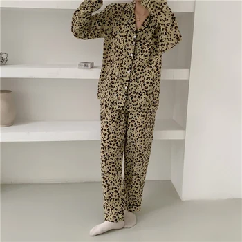 Svetimų Katytė Korėjos Saldus Spausdinimo Leopard Du Gabalus Namų Drabužiai 2020 M. Rudenį Minkštas Susagstomi Megztiniai Elegantiškos Mados Moterų Pižama Komplektas