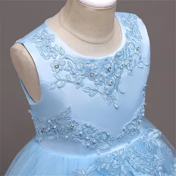 Tai YiiYa Gėlių Mergaitės Suknelė Weding O-kaklo Lankas Nėrinių Suknelės Mergaitėms Elegantiška Berankovė Baltos, Mėlynos, Rožinės Vaikas Šalis, Chalatai 584