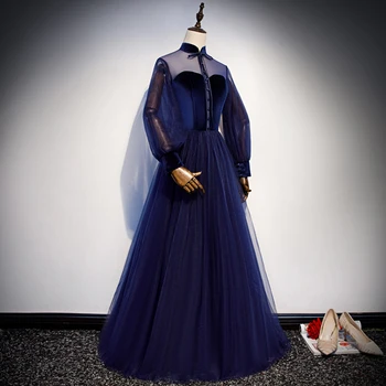Tamsiai Mėlyna vakarinę Suknelę Aukštos kaklo Iliuzija-line Grindų ilgis Tiulio Nėrinių Custom Color Plus size Oficialią Vakaro Suknelės R1265