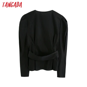 Tangada moterims, juodos spalvos marškinėliai su diržu sluoksniuotos ilgomis rankovėmis kieto v-kaklo elegantiškas biuras ponios darbo drabužiai palaidinės BE918