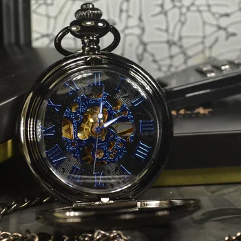 TIEDAN Mėlyna Steampunk Skeletas Mechaninė Kišeninio Laikrodžio Vyrų Senovinės Prabangos Prekės Karoliai Kišenėje & Fob Laikrodžiai Grandinės Vyrų Laikrodis