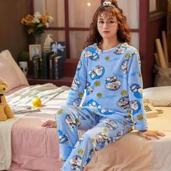 Tonngirls Japonų Animacinių Filmų Doraemon Pavasario Žiemos Homewear Sleepwear Aksomo, Pižamos Moterims 2021 Naujas Naktiniai Drabužiai Kostiumas Moterims