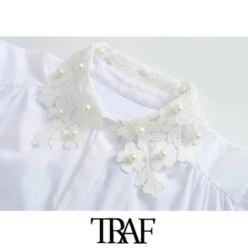 TRAF Moterų Mados Perlų Duobute Kratinys Asimetrinių Palaidinukės Derliaus ilgomis Rankovėmis Mygtuką-iki Moterų Marškiniai, Elegantiškos Viršūnės