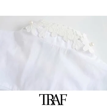TRAF Moterų Mados Perlų Duobute Kratinys Asimetrinių Palaidinukės Derliaus ilgomis Rankovėmis Mygtuką-iki Moterų Marškiniai, Elegantiškos Viršūnės