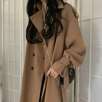 Tranšėjos Paltai Moterims Chaki Žiemos Viršutinių Drabužių Siuvimas Elegantiškas Laisvi Moteriški Ilgi Paltai Laisvalaikio Brithsh Retro Stiliaus Kietas Streetwear Mados