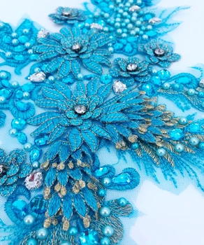 Trimatis gėlių šviesiai mėlyna siūti cirkonio karoliukai nėrinių aplikacijos, apdailos pleistrai 38*23cm dėl aprangos aksesuaras