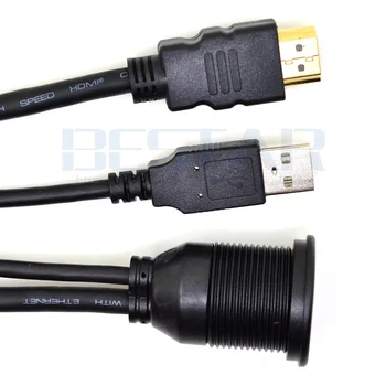 USB 2.0 & HDMI į HDMI + USB2.0 AUX Pratęsimo Dash Skydelis Vandeniui Automobilių Flush Mount Kabelis Automobilio, laivo ir Motociklo - 3ft 1m