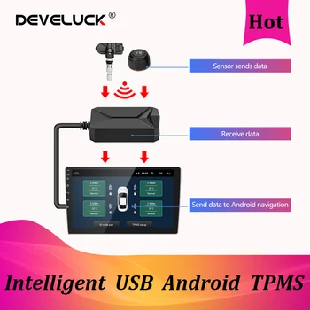 USB Android TPMS Padangų Slėgio Stebėjimo Sistema, 5V Vidaus Išorės Android Automobilio Radijo Navigacijos Ekrano PSSS Signalizacijos Sistemos