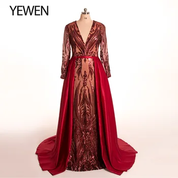V-kaklo 2020 Vyno Raudona Undinėlės vakarinę suknelę ilgomis rankovėmis elegantiškas Arabų chalatas de soiree oficialų suknelė Nuimamas Traukinio YeWen