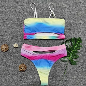 Vaivorykštė Dažyti iš Dviejų dalių Moterų Bikinis Rinkinys Sexy Iškirpti Bandeau Thong Bikini Push Up Brazilijos maudymosi Kostiumėliai Paplūdimio Drabužiai