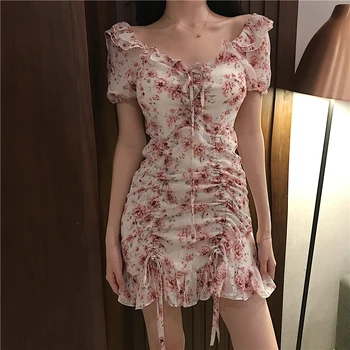 Vasaros Korėjos Palazzo Elegantiškas Nėrinių Gėlių Suknelė Plonas Šifono Tvarstis Bodycon Suknelės Ponios 2019 Naujo Derliaus Moteriški Drabužiai