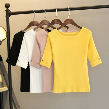 Vasaros Marškinėliai Moterims moterų Top Tee pusė Rankovėmis Marškinėliai Su Mygtuku plonas elegantiškas Aukštos Elastinga Mezgimo didelis dydis, T-shirt Femme