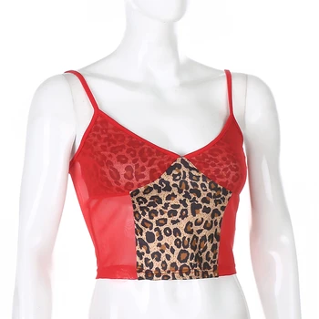 Vasarą Naujos Mados Moterų Streetwear Prabangus Leopardas Spausdinti Apkarpyti Viršūnes Atsitiktinis Rankovių Bako Viršuje Seksualus Clubwear Raudona