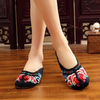 Veowalk Gėlių Siuvinėti Moterų Drobės Arti Kojų Šlepetės Vasaros Retro Stiliaus Kinijos Ponios Senojo Pekino Skaidrių Butas Mulų Batai