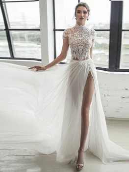Verngo Trijų dalių Nėrinių Vestuvių Suknelės 2020 Paplūdimio Linija Boho Vestuvinės Suknelės Šifono Pusėje Ritininės Balta Vestido de noiva užsakymą