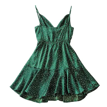 Vintage Žalia Polka Dot Dėmių Suknelė Moterims 2019 M. Vasarą Sexy Diržas Backless Trumpą Suknelę Mergina Stilingas Šalis Suknelė Vestidos
