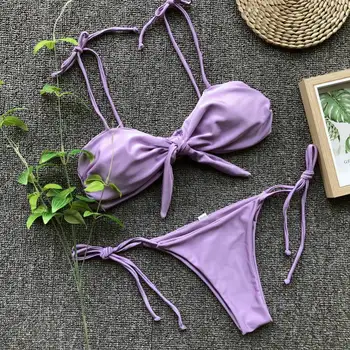 Violetinė Lankas Mazgas Puch Up Bikinis Monokini Tvarstis Micro Brazilijos Bikini Nustatyti, Maudymosi Kostiumą, Moterims, Maudymosi Kostiumėliai, Kaklaraištis Priekyje