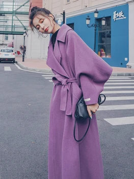 Violetinė Vilnoniai Paltai Moterims 2020 m. Žiemos Naujų korėjos Sutirštės Medvilnės Britų Stiliaus Virš Kelio Kašmyro Paltai Elegantiškas Outwear Moteris