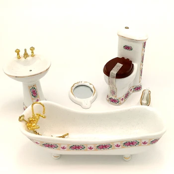Vonios Aksesuarai Keramikos Rinkinius, lėles 1:12 Lėlių Miniatiūriniai Baldai Balta Tualetas Baseino Veidrodis 5vnt WA006