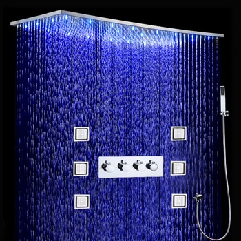 Vonios kambarys LED Dušo Komplektas 500x1000MM Lubos, Dideli Lietaus Dušo Galvutė Skydelis Termostatiniai Dušo Maišytuvai Su Masažas, Kūno Purkštukai Rinkinys