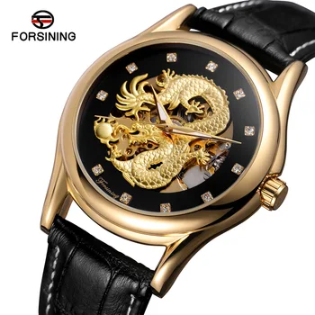 Vyrai Laikrodžių Prekės ženklo Prabangus Diamond Black Gold Skeletas Automatinis Laikrodžiai 3D Dragon Mechaninis laikrodis atsparus Vandeniui Relogio Masculino