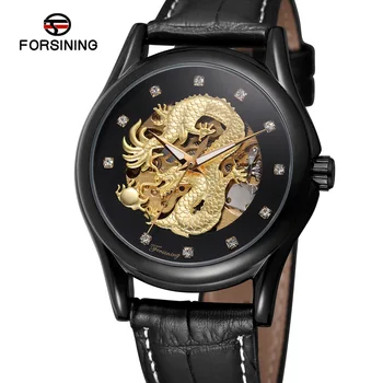 Vyrai Laikrodžių Prekės ženklo Prabangus Diamond Black Gold Skeletas Automatinis Laikrodžiai 3D Dragon Mechaninis laikrodis atsparus Vandeniui Relogio Masculino