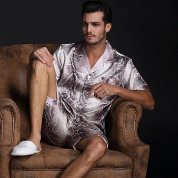 Vyrai Pižama Rinkiniai Šilko Satino Pižamos marškinėliai+Šortai Vyrų Pijama V-Kaklo Sleepwear Laisvalaikio Namuose Drabužiai Plius Dydis Mansleepwear