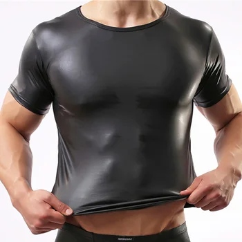 Vyrai T-Seksualus marškiniai trumpomis Rankovėmis Dirbtiniais Odos marškinėliai vyrams Clubwear Šalies Sporto Viršūnės Gėjų Undershirts Plius Dydis