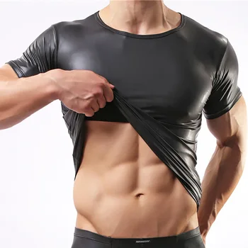 Vyrai T-Seksualus marškiniai trumpomis Rankovėmis Dirbtiniais Odos marškinėliai vyrams Clubwear Šalies Sporto Viršūnės Gėjų Undershirts Plius Dydis