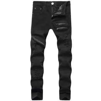 Vyriški džinsai mados slim fit liesas džinsus vyrams, Atsitiktinis tiesūs džinsai suplyšusių džinsų užtrauktuką dizaino Aukštos Kokybės black džinsai