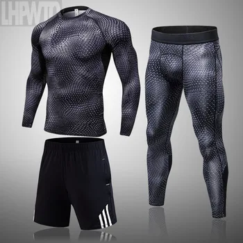 Vyriški sportiniai kostiumas 3 dalių Veikia Šilumos apatiniai Suspaudimo sportinę Snakeskin Drabužius T-Shirt Bėgiojimas antblauzdžiai Sekti pavyzdžiu