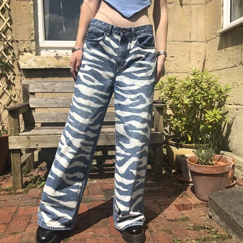 Waatfaak atsitiktinis palaidų flare džinsai hip-hop zerba spausdinti kelnės moterims streetwear hipių mėlyna džinsinio džinsus moterų kišenės baggy kelnės