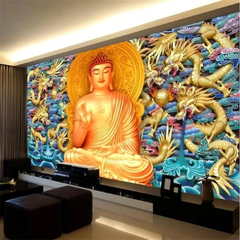 Wellyu Individualų didelis freskomis mados namų puošybai golden dragon iškilumo Buda freskos fone, sienos tapetai