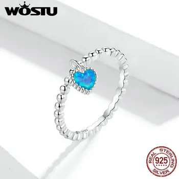 WOSTU Mėlyna Širdies Žiedas 925 Sterlingas Sidabro Vienas Permatomas Opal Piršto Žiedą, Moterims Vestuvės Vestuvinis Papuošalų CQR672